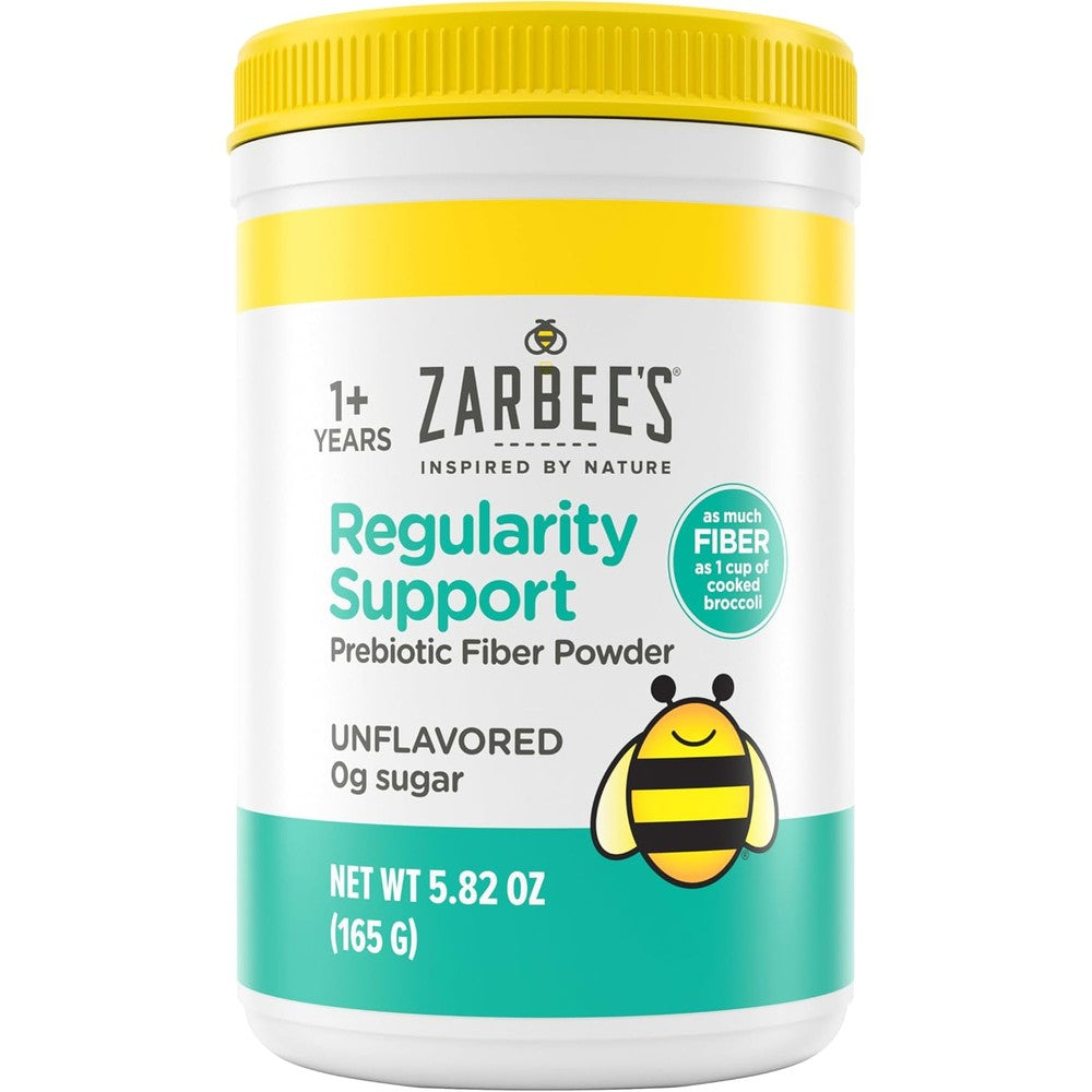 Zarbee's Children's Regularity Support Prebiotic Fiber Powder front packaging for natural kids constipation relief.