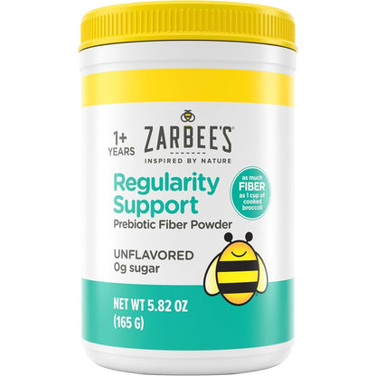 Zarbee's Children's Regularity Support Prebiotic Fiber Powder front packaging for natural kids constipation relief.
