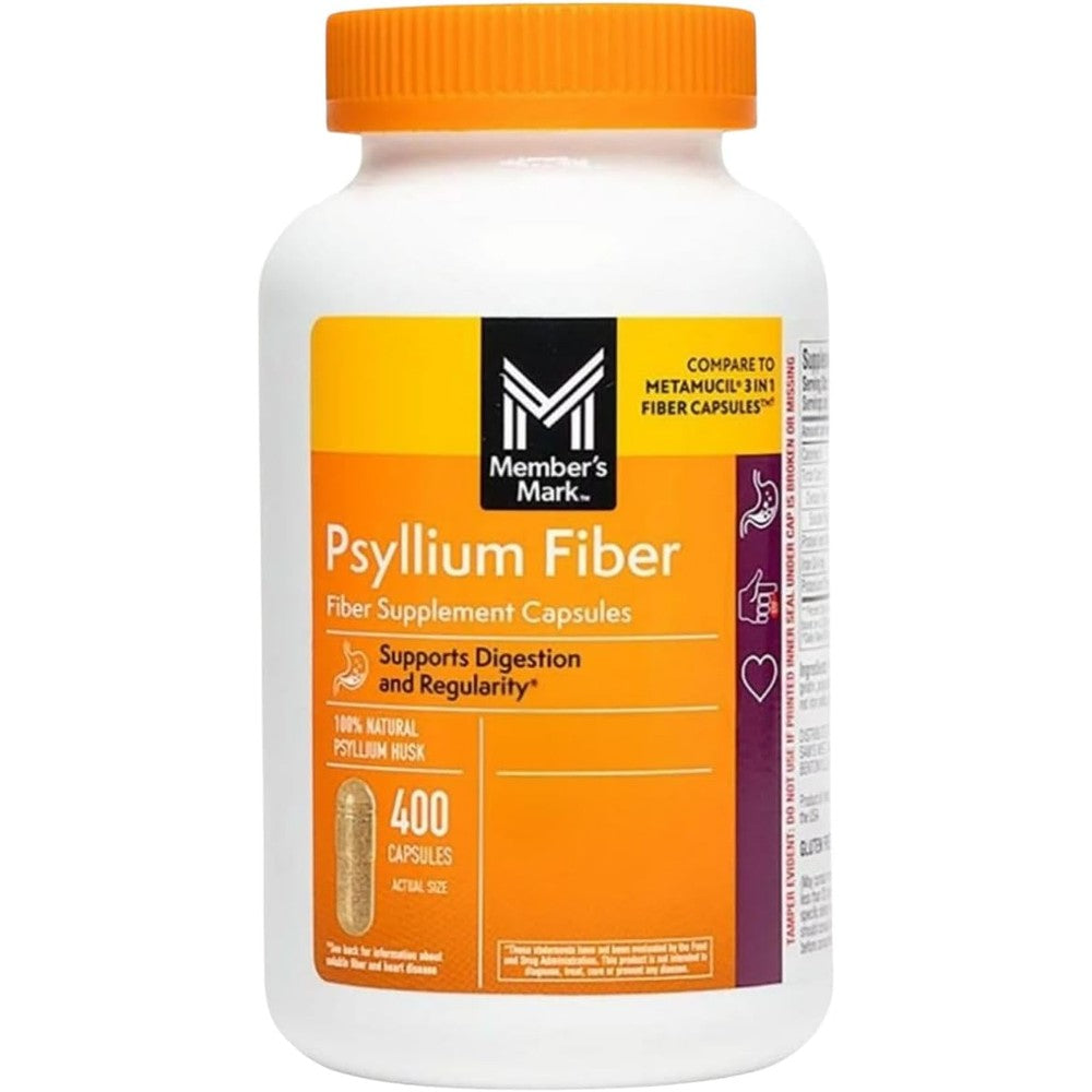 Member's Mark Natural Psyllium Husk Fiber 400 Capsules front bottle view for digestive health