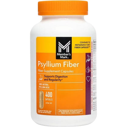 Member's Mark Natural Psyllium Husk Fiber 400 Capsules front bottle view for digestive health