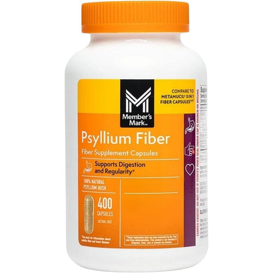 Member's Mark Natural Psyllium Husk Fiber 400 Capsules front bottle view for digestive health
