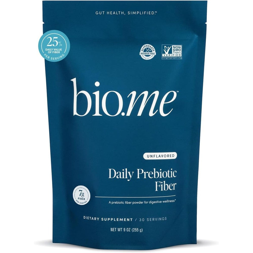 Bio.me Daily Prebiotic Fiber unflavored powder front packaging for gut health