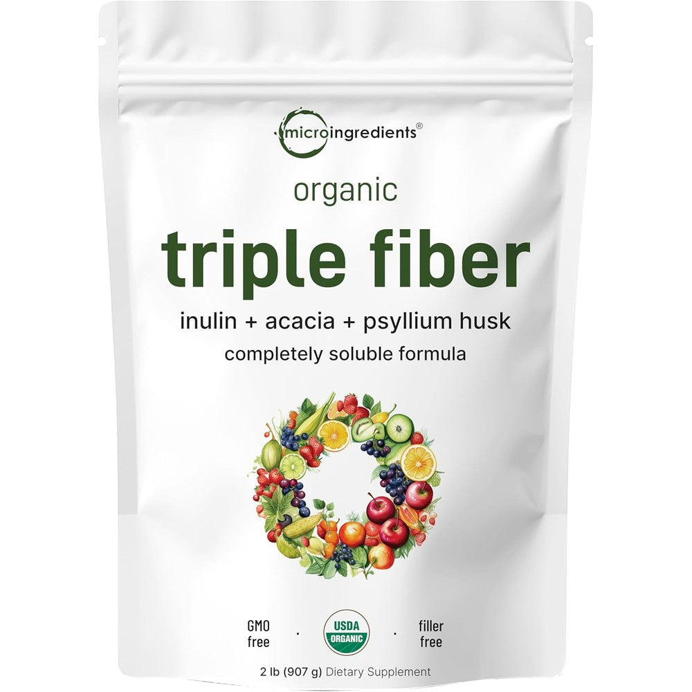 Micro Ingredients Organic Triple Fiber Prebiotic Powder front view of two pounds package.