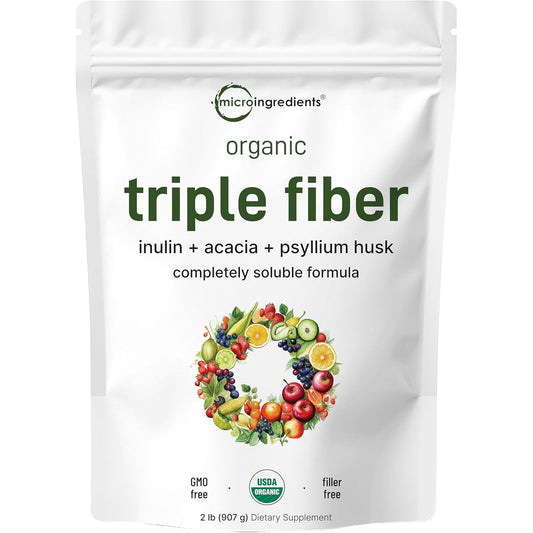 Micro Ingredients Organic Triple Fiber Prebiotic Powder front view of two pounds package.