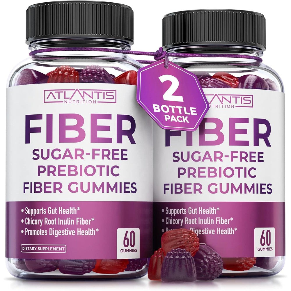 Atlantis Nutrition Sugar Free Prebiotic Fiber Gummies front view bottle for adult gut health