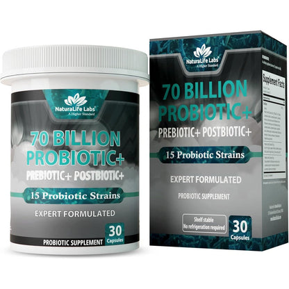 NaturaLife Labs Probiotics 70 Billion CFU front view packaging bottle for digestive wellness.