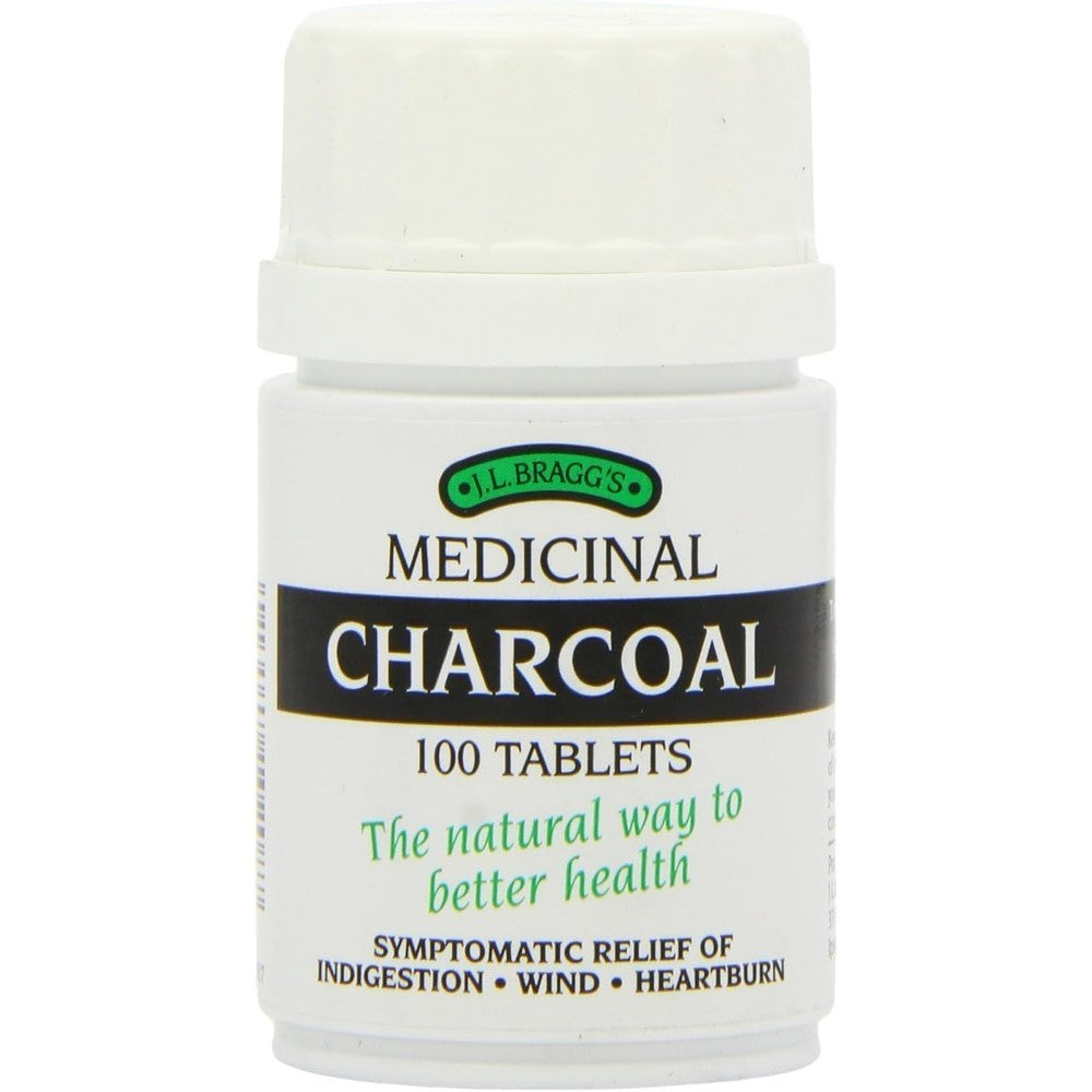 Bragg Activated Charcoal 300mg 100 tablets front view bottle for digestive relief