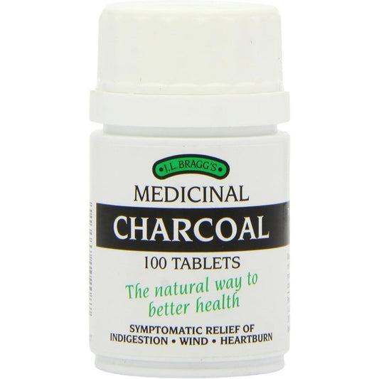 Bragg Activated Charcoal 300mg 100 tablets front view bottle for digestive relief