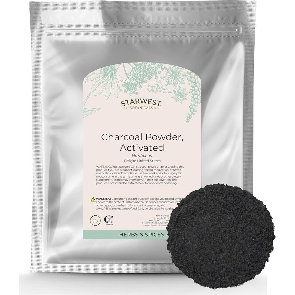 Starwest Botanicals Activated Hardwood Charcoal Powder front view bag for natural teeth whitening