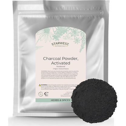 Starwest Botanicals Activated Hardwood Charcoal Powder front view bag for natural teeth whitening