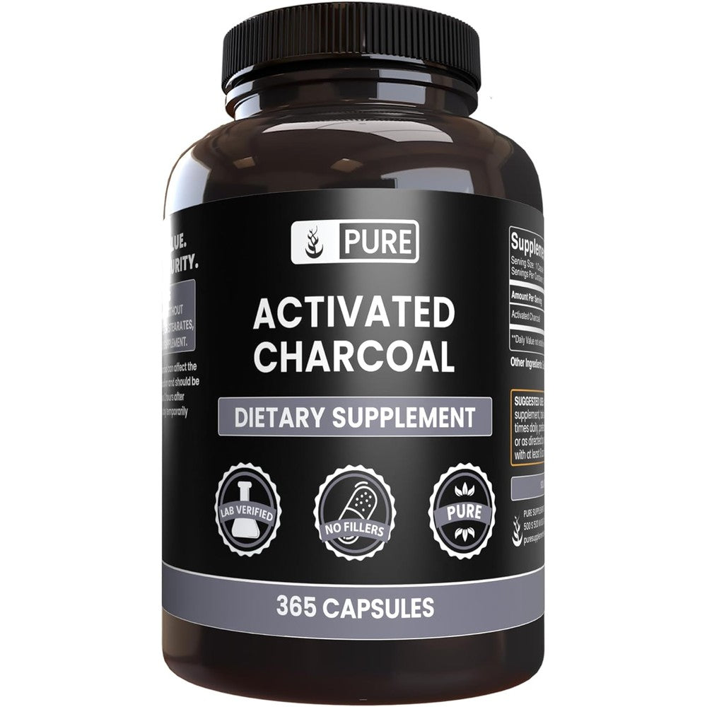 Pure Original Ingredients Activated Charcoal 365 capsules front bottle view for digestive health.