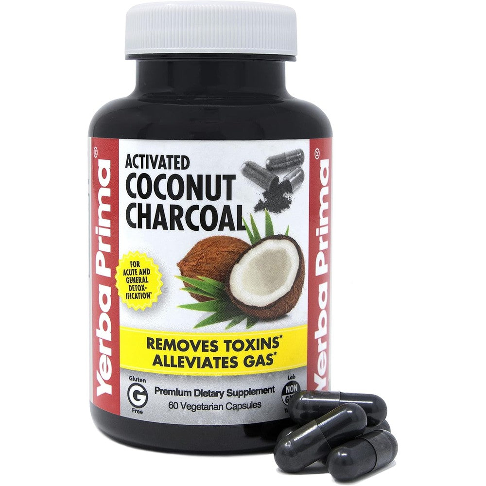 Yerba Prima Activated Coconut Charcoal 60 Vegetarian Capsules front view showing product packaging.