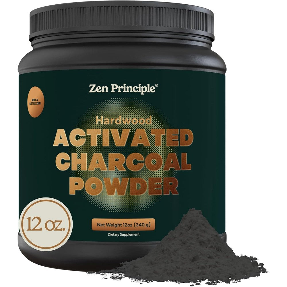 Zen Principle Activated Charcoal Powder 12 Ounce front packaging container with free scoop included for teeth whitening.