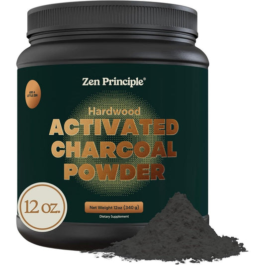 Zen Principle Activated Charcoal Powder 12 Ounce front packaging container with free scoop included for teeth whitening.