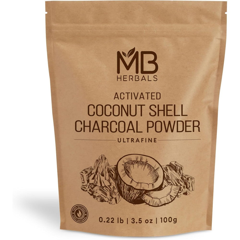 MB Herbals Activated Coconut Shell Charcoal Powder 100g front view pouch for deep cleansing skin detox