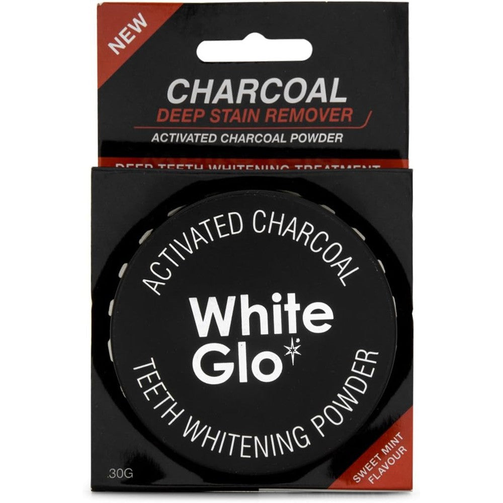 White Glo Activated Charcoal Teeth Whitening Powder 30g container front view showing clean fresh mint flavour dental care product