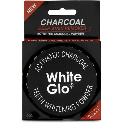 White Glo Activated Charcoal Teeth Whitening Powder 30g container front view showing clean fresh mint flavour dental care product