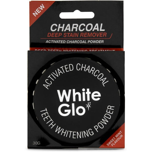 White Glo Activated Charcoal Teeth Whitening Powder 30g container front view showing clean fresh mint flavour dental care product