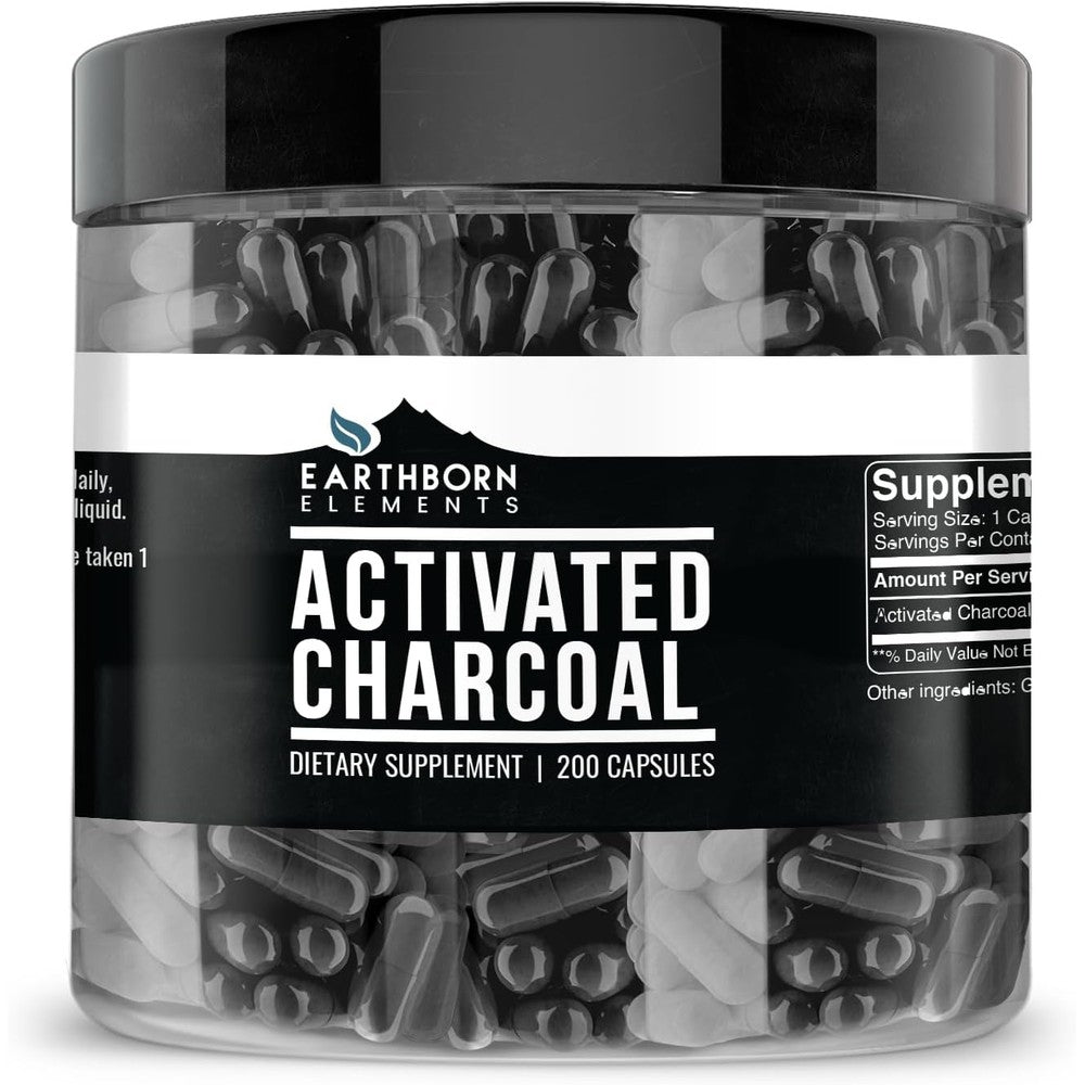 Earthborn Elements Activated Charcoal 200 Capsules front view bottle for natural digestive health