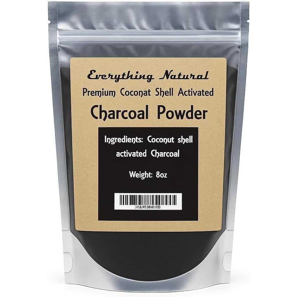 Everything Natural Extra Large Activated Charcoal Coconut Shell Powder front view showing premium resealable silver pouch