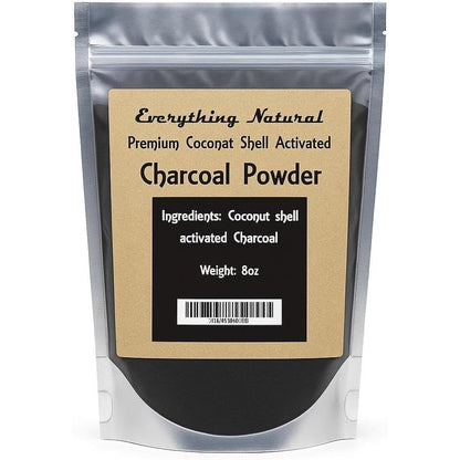Everything Natural Extra Large Activated Charcoal Coconut Shell Powder front view showing premium resealable silver pouch