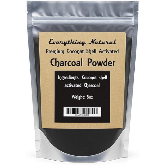 Everything Natural Extra Large Activated Charcoal Coconut Shell Powder front view showing premium resealable silver pouch