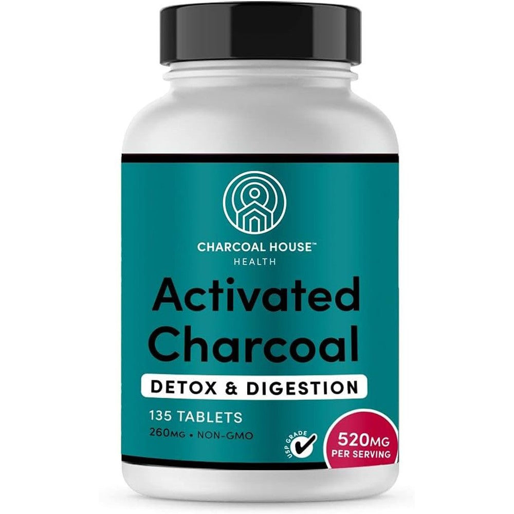 Charcoal House USP Medical Grade Chewable Activated Charcoal 135 Tablets front view packaging