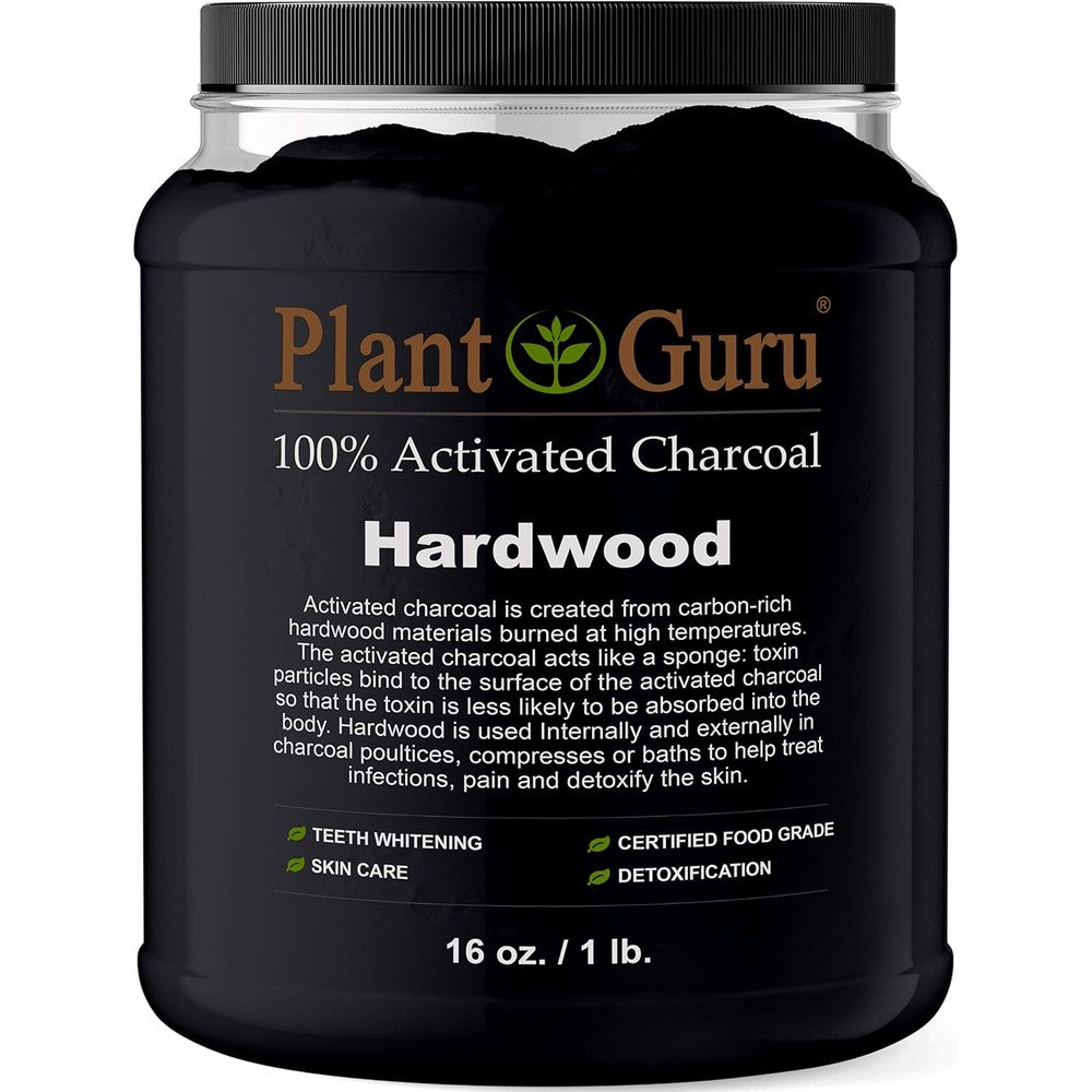 Plant Guru Activated Charcoal Powder 1 Pound Jar front view for natural detoxification