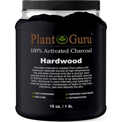 Plant Guru Activated Charcoal Powder 1 Pound Jar front view for natural detoxification