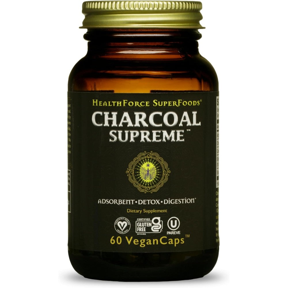 Healthforce Superfoods Charcoal Supreme 60 capsules front bottle view for digestive detox