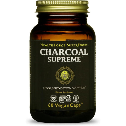 Healthforce Superfoods Charcoal Supreme 60 capsules front bottle view for digestive detox