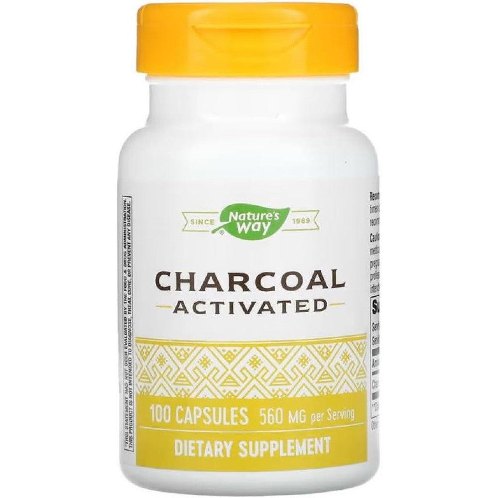 Nature's Way Activated Charcoal 100 Capsules front view bottle for natural digestive health.