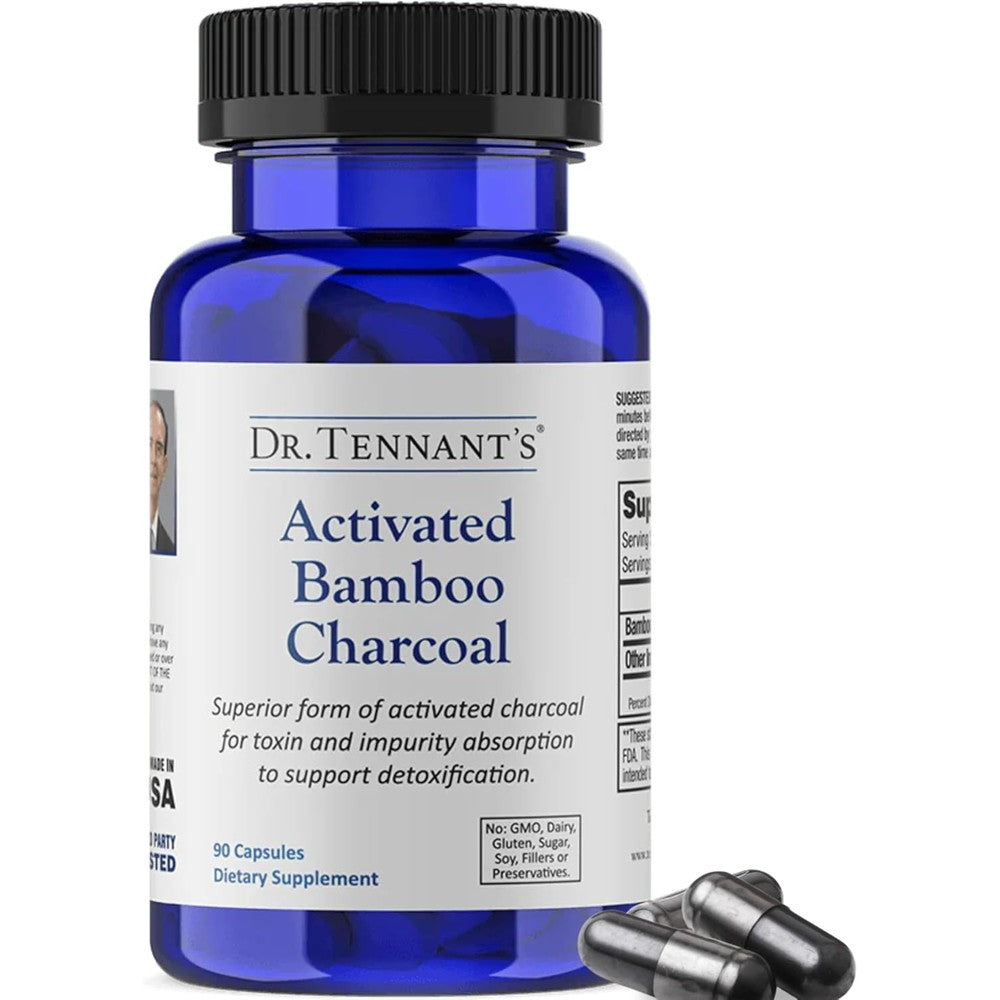 Dr. Tennant's Activated Bamboo Charcoal 90 capsules bottle front view showing clean digestive detox supplement labels