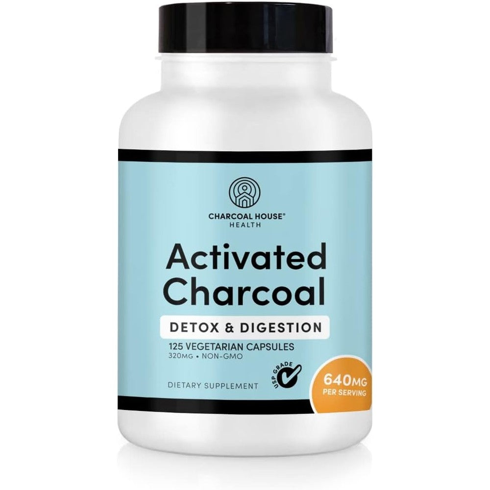 Charcoal House Activated Charcoal 125 capsules front view of the premium digestion supplement bottle