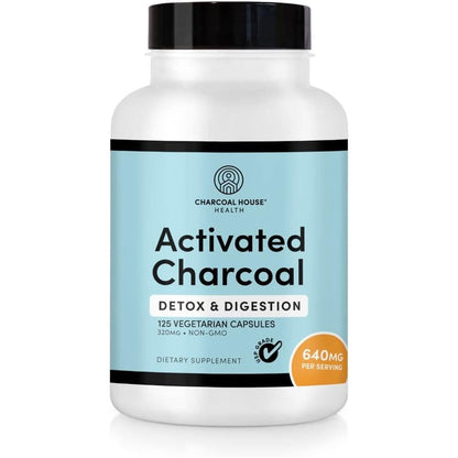 Charcoal House Activated Charcoal 125 capsules front view of the premium digestion supplement bottle