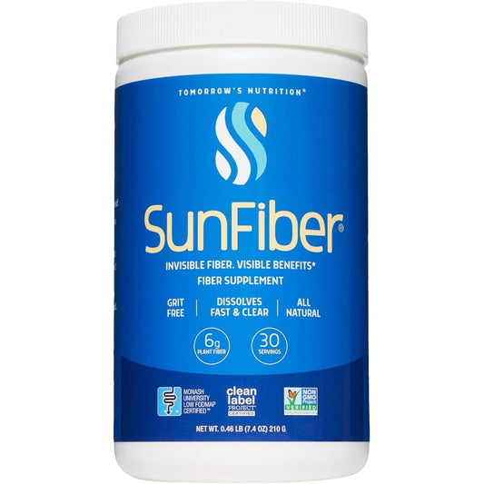 Tomorrow's Nutrition Sunfiber Prebiotic Fiber Powder front view container for digestive health.