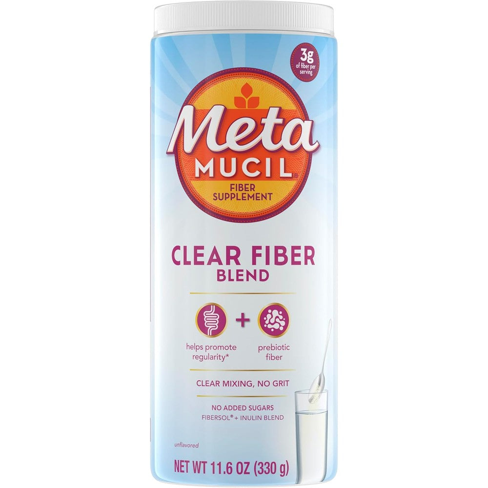Metamucil Clear Fiber Unflavored Powder front view container for daily digestive health