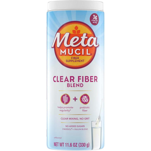Metamucil Clear Fiber Unflavored Powder front view container for daily digestive health