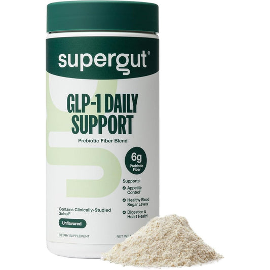 Supergut GLP-1 Daily Support fiber powder canister front view for appetite control.