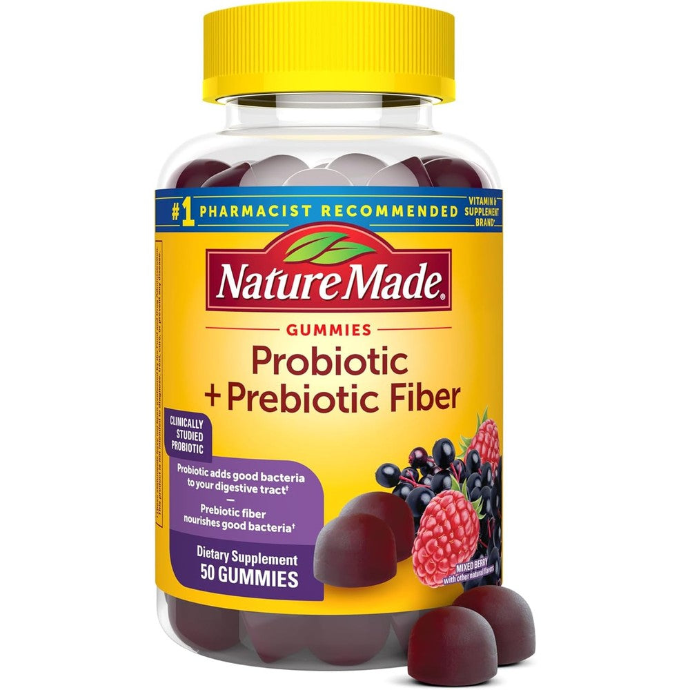 Nature Made Probiotic Plus Prebiotic Fiber Gummies front bottle view for digestive health support