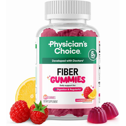 Physicians Choice Fiber Gummies front view showcasing raspberry lemon flavor packaging