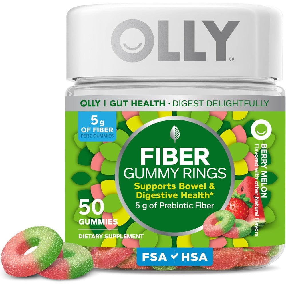 OLLY Fiber Gummy Rings Berry Melon front packaging showing 50 count bottle for digestive support