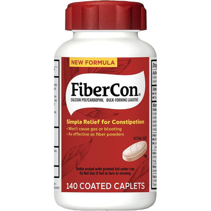FiberCon Fiber Therapy Coated Caplets 140 bottle front view for constipation relief.