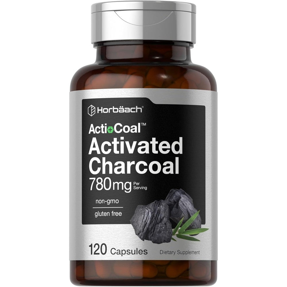 Horbäach Activated Charcoal 120 capsules front view bottle for bloating relief.