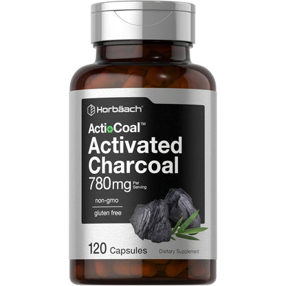 Horbäach Activated Charcoal 120 capsules front view bottle for bloating relief.