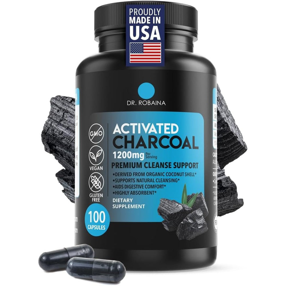 Dr. Robaina Activated Charcoal 100 capsules front view packaging for gas relief.