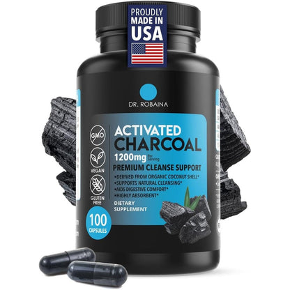 Dr. Robaina Activated Charcoal 100 capsules front view packaging for gas relief.