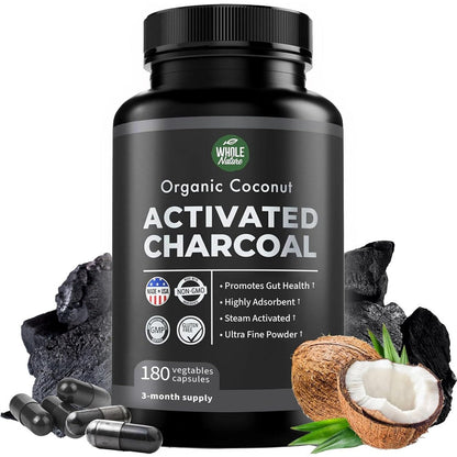 Whole Nature Pure Coconut Activated Charcoal 180 Capsules front view bottle for natural gas relief