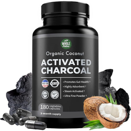 Whole Nature Pure Coconut Activated Charcoal 180 Capsules front view bottle for natural gas relief