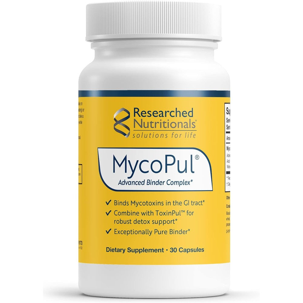 Researched Nutritionals MycoPul 30 capsules front view bottle showing premium mycotoxin binder complex